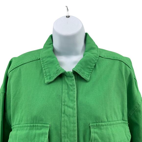 If It Were Me Denim Shacket WMNS L Apple Green Cotton Utility Pockets Button Up - Picture 2 of 8